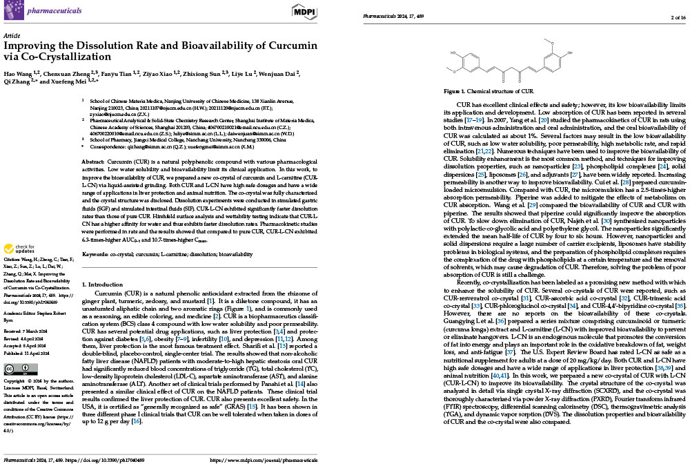 Improving the Dissolution Rate and Bioavailability of Curcumin via Co-Crystallization