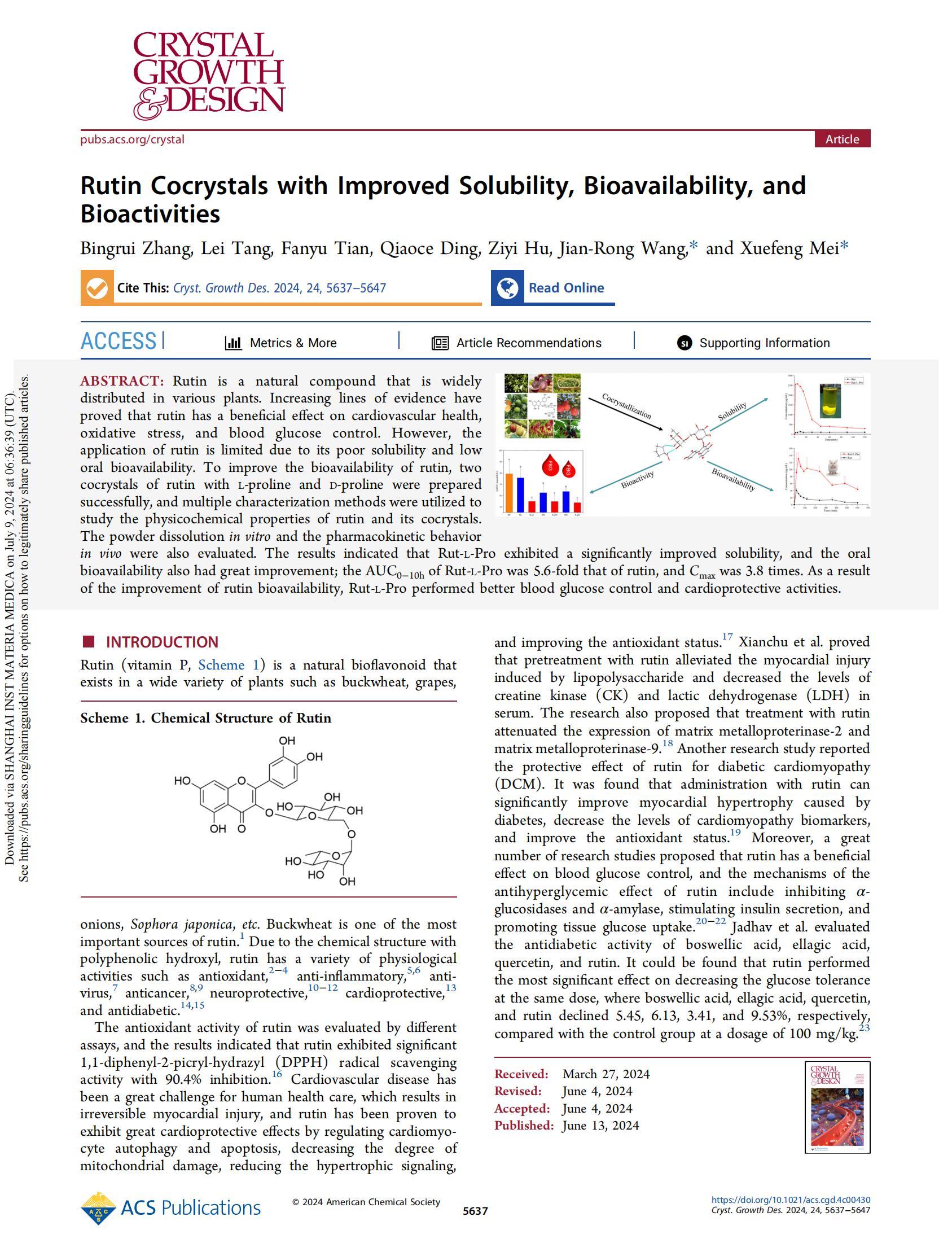 Rutin Cocrystals with lmproved Solubility, Bioavailability, and Bioactivities