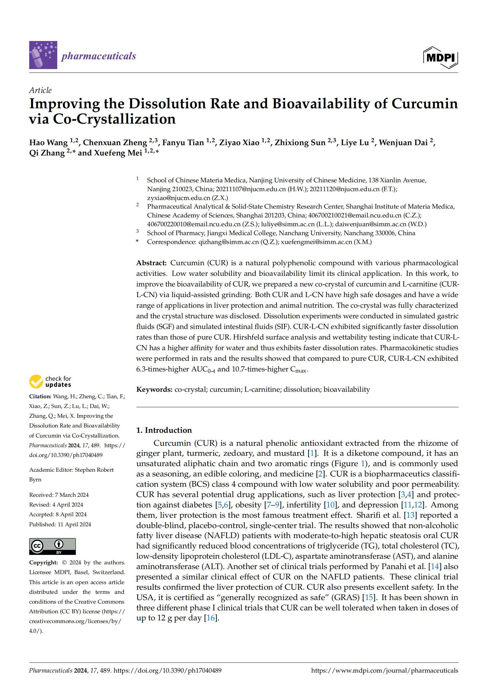 Improving the Dissolution Rate and Bioavailability of Curcumin via Co-Crystallization