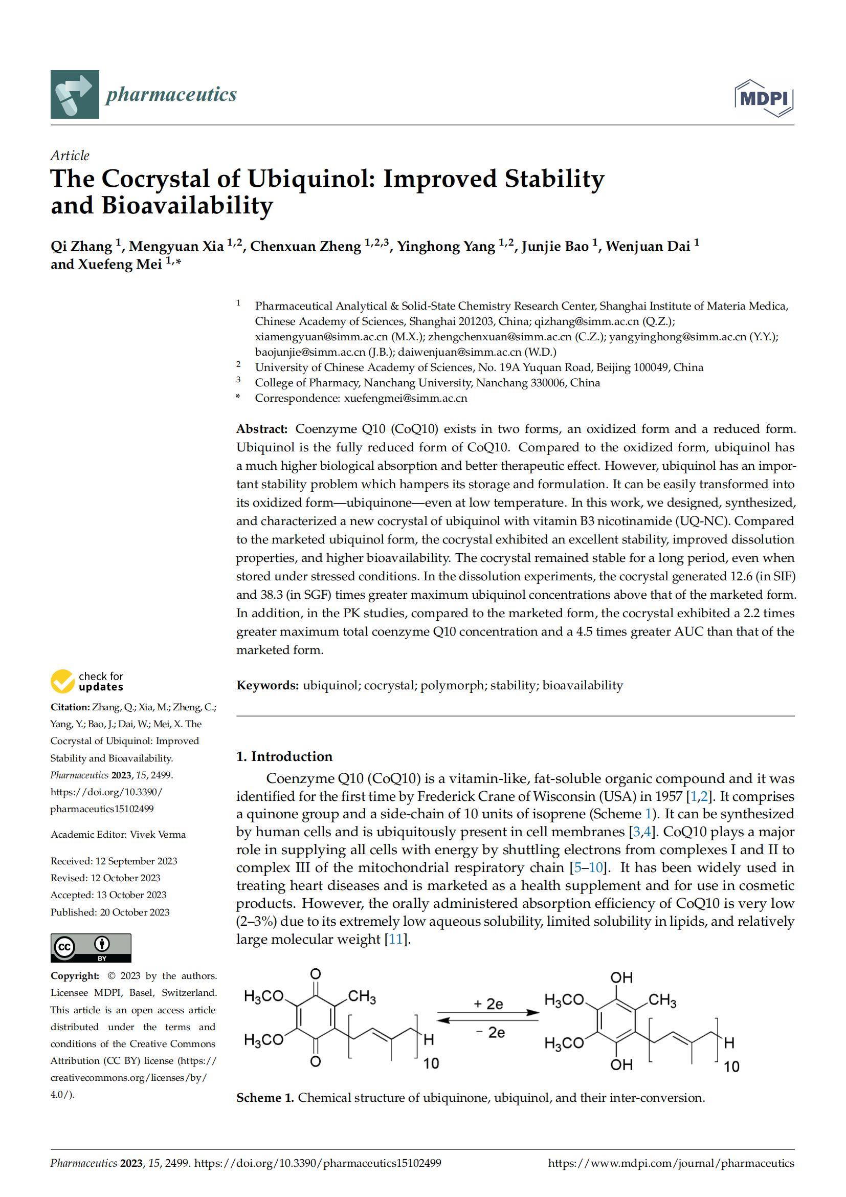 The Cocrystal of Ubiquinol: Improved Stability and Bioavailability