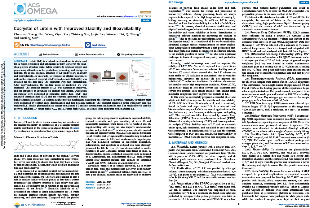 Cocrystal of Lutein with Improved Stability and Bioavailability